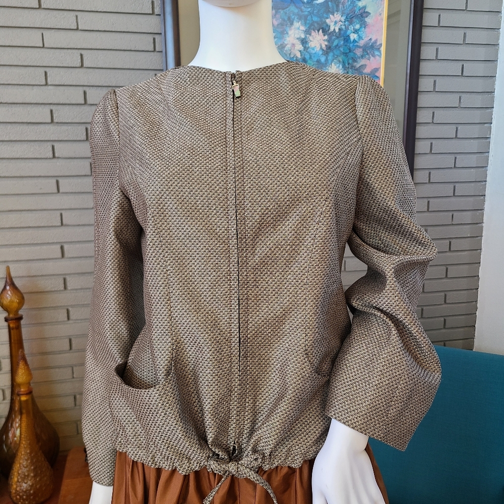 Brown zip front abstract print long sleeve jacket by Giorgio Armani silk wool